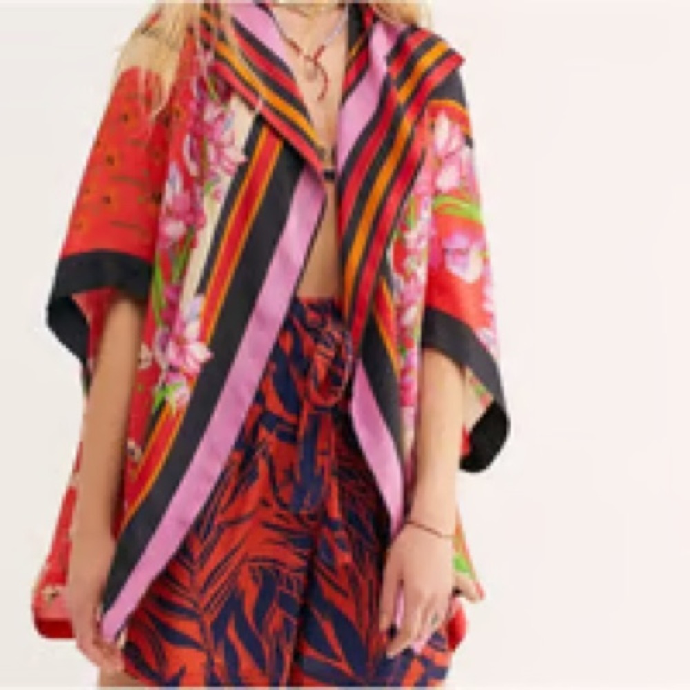 Free People Boho Floral Kimono with Striped Accents OS